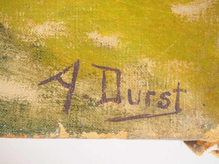 A. DURST. "Paysage au pont". Huile sur toile. Signée en bas à droite. 