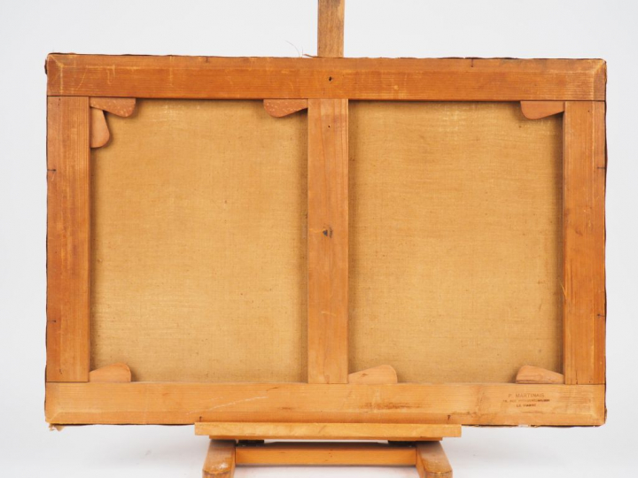 A. DURST. "Paysage au pont". Huile sur toile. Signée en bas à droite. 