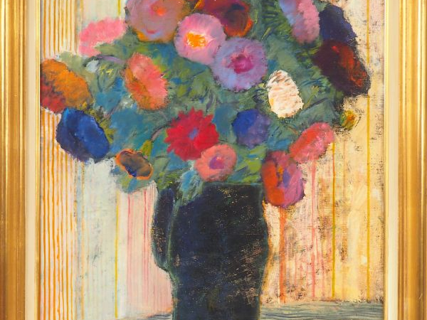 GARCIA-FONS. "Dalhias au pot bleu". Huile sur toile. Signée en bas à g