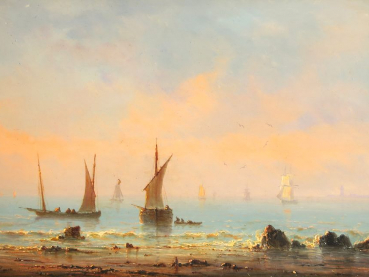 GUDIN.  "Bateau de pêche". Huile su panneau. Signée en bas à gauche. D