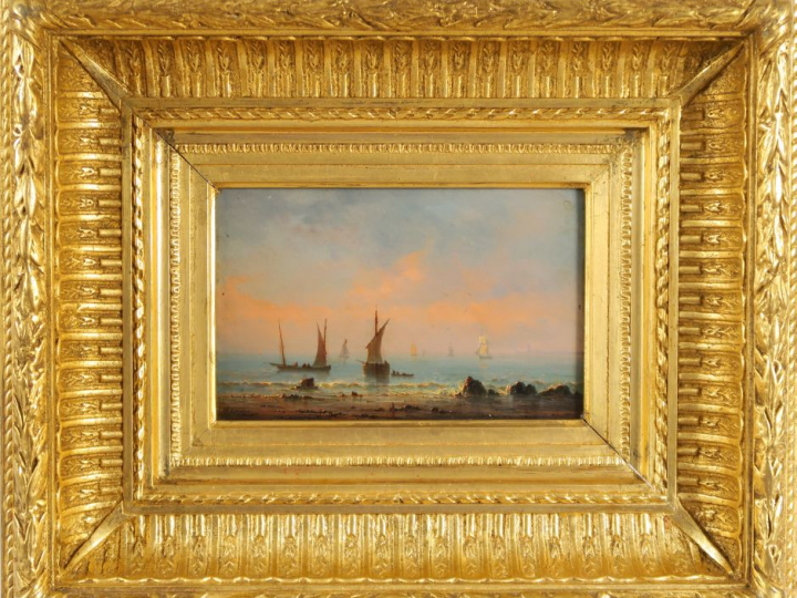GUDIN.  "Bateau de pêche". Huile su panneau. Signée en bas à gauche. D