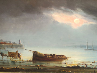 Vente aux enchères GUDIN (attribué à). "Marine nocturne".  Huile sur panneau. Dim: 13,5 x