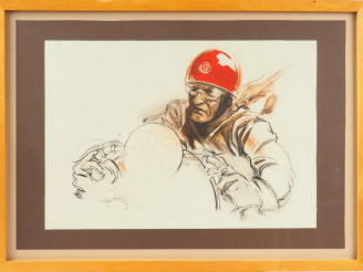Vente aux enchères GEO HAM. "Pilote au casque rouge". Lithographie en couleur. Signée en 