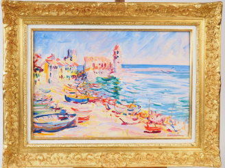 Vente aux enchères NEDVIDEK. "Le port de Collioure". Huile sur toile. Signée en bas à dro