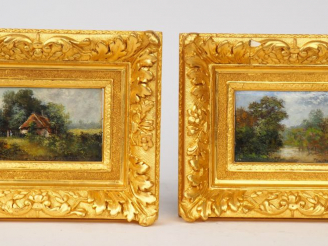 Vente aux enchères F. PIERDON. "Paysage lacustre" et "Les chaumières". Deux huiles sur pa