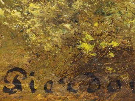 F. PIERDON. "Paysage lacustre" et "Les chaumières". Deux huiles sur pa