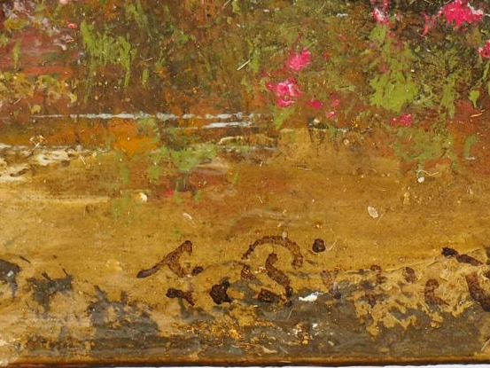 F. PIERDON. "Paysage lacustre" et "Les chaumières". Deux huiles sur pa