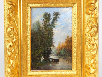 Vente aux enchères F. PIERDON. "Pêcheur près de l'étang". Huile  sur panneau dans un cadr