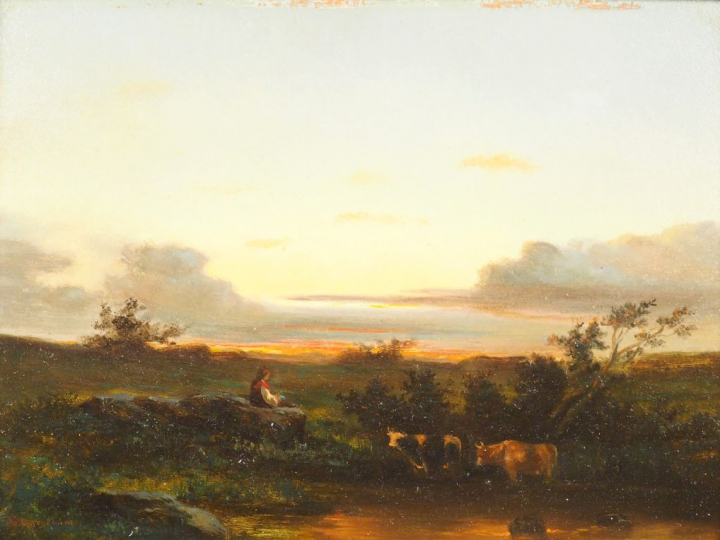 Charles de  TOURNEMINE. "Bergère et son troupeau au soleil couchant". 