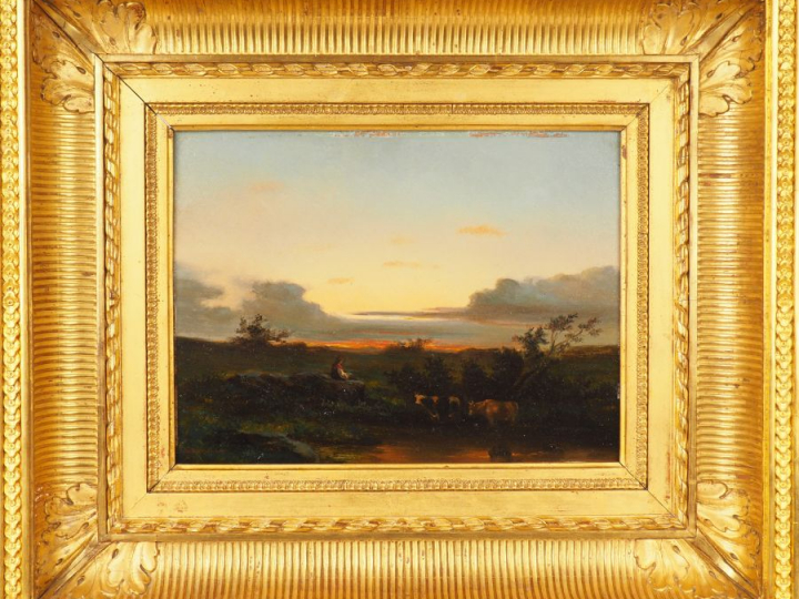 Charles de  TOURNEMINE. "Bergère et son troupeau au soleil couchant". 