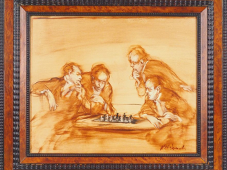 Vente aux enchères CLAUDE WEISBUCH. "Les joueurs d'échec". Huile sur toile. Signée en bas