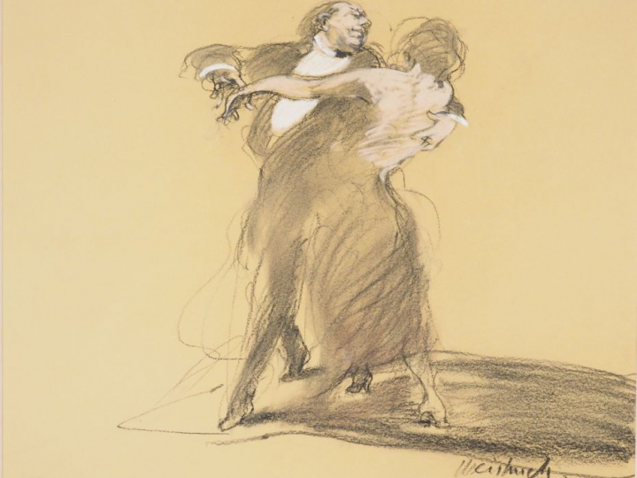 CLAUDE WEISBUCH. "Couple de danseurs". Dessin au fusain. Signé en bas 