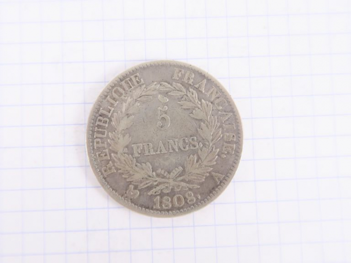 Napoléon Ier, 5 francs, 1808 A, Paris. B-TB.