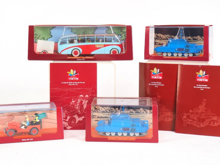 4 voitures Moulinsart (1 Jeep Willys Tintin pays Or Noir + 2 chars lun