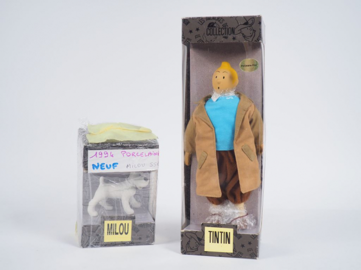 LOT 2 Poupées TINTIN (Reporter TBE) + Milou TBE Taille 25 cm, Boite BE