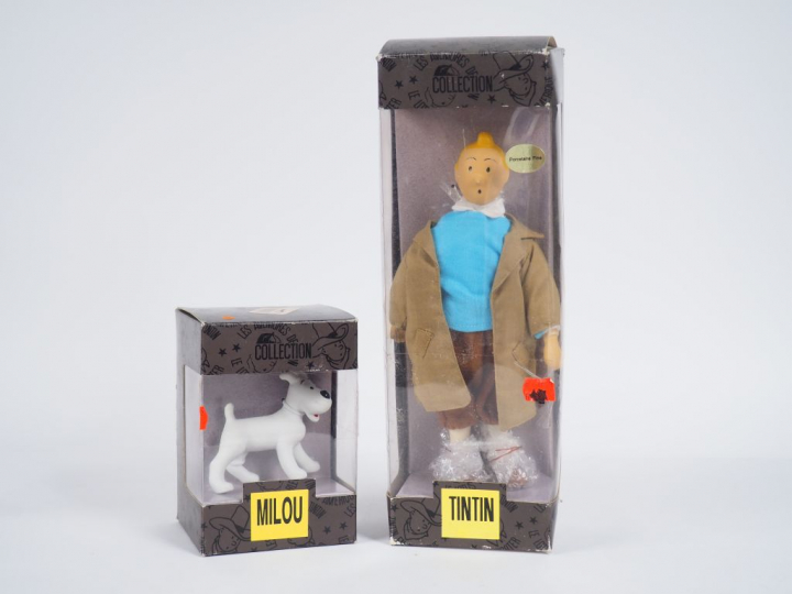 LOT 2 Poupées TINTIN (Reporter TBE) + Milou TBE Taille 25 cm,  Boites 