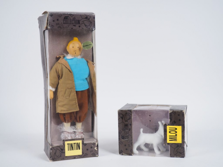 LOT 2 Poupées TINTIN (Reporter TBE) + Milou TBE Taille 25 cm,  Boites 