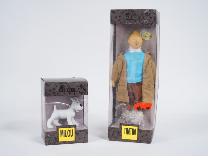 LOT 2 Poupées TINTIN (Reporter TBE) + Milou TBE Taille 25 cm,  Boites 