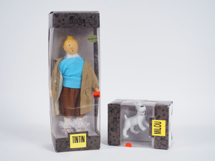 LOT 2 Poupées TINTIN (Reporter TBE) + Milou TBE Taille 25 cm,  Boites 