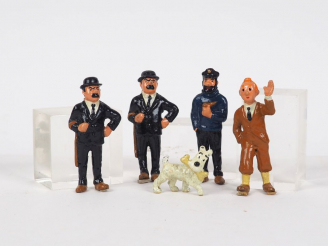 Vente aux enchères 5 figurines en plomb origine inconnue (Tintin,Haddock,Dupont x2,Milou)