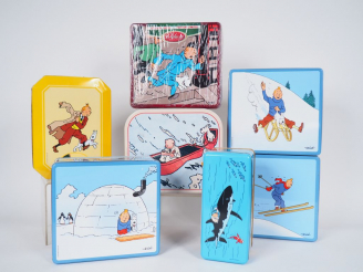 Vente aux enchères 3 boites métal "Tintin à la Neige" Série 2003 + 4 diverses TBE