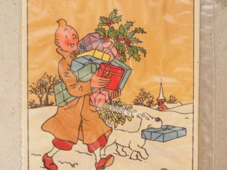 Vente aux enchères Carte neige N°23,"Tintin et Milou portant des cadeaux", Réed avec "Bon