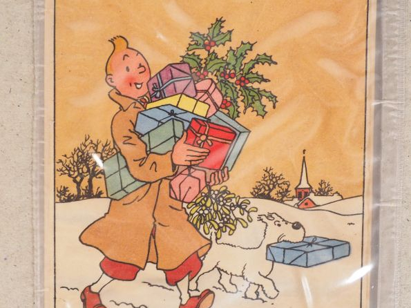 Carte neige N°23,"Tintin et Milou portant des cadeaux", Réed avec "Bon