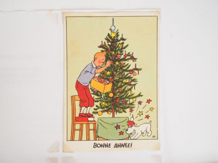 Cartes festives N°1 "Joyeux Noël" Tintin et milou decorent le sapin de