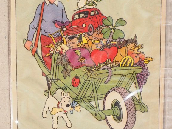 Cartes festives N°3 "Bonne Fête" Tintin conduit une brouette plein de 