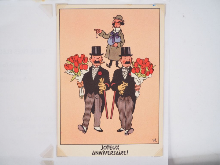 Cartes festives N°6 "Joyeux anniversaire" Dupont(d) en habit avec un b