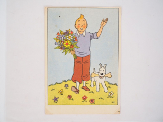Vente aux enchères Cartes festives N°8 "Tintin avec un bouquet de fleur et Milou avec son