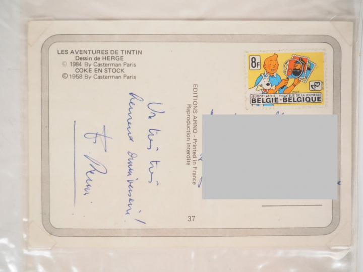 CP avec timbre-poste TINTIN par Hergé non oblitéré signée Fanny REMI 1