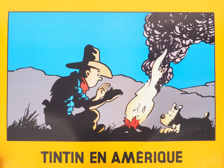 5 AFFICHES représentant scènes d'ALBUM (Tintin en Amerique,Rackham le 