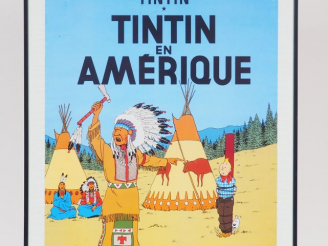 Vente aux enchères CADRE AFFICHE TINTIN "EN AMERIQUE" 70/50 cm édition HAZAN CV02