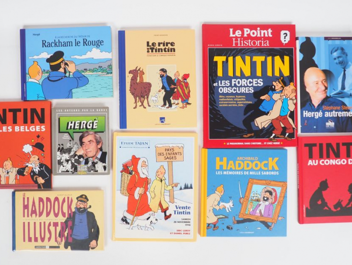 10 ouvrages sur Tintin (Hergé  (1987), Hergé Autrement (2003),Le rire 