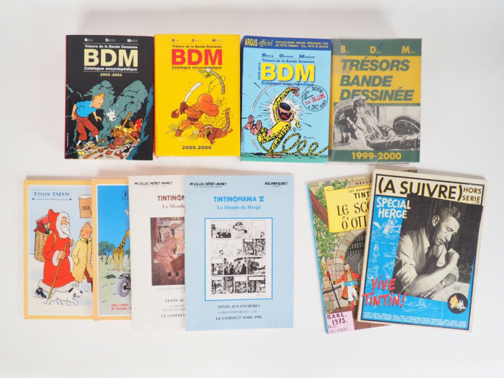 4 Catalogues de ventes aux enchéres TINTIN de 1995 à 2000 + 4 BDM + Le