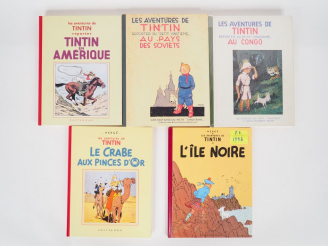 Vente aux enchères 5 albums FS dont Tintin au Congo (1982) TBE + EN Amérique (1995) TBE +