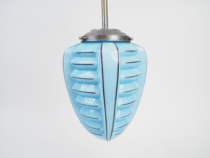 Suspension Art Déco en métal et verre bleue et noir  H. 47,5 cm.