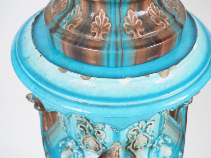 Jérôme MASSIER. Grand jardinière et sa sellette en barbotine flammée p