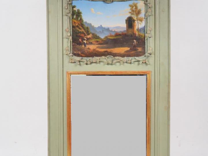 Trumeau de style Louis XV en bois relaqué vert, peinture à décor d'un 