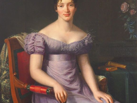 Ecole française début XIXème "Portrait d'élégante à la robe parme". Hu