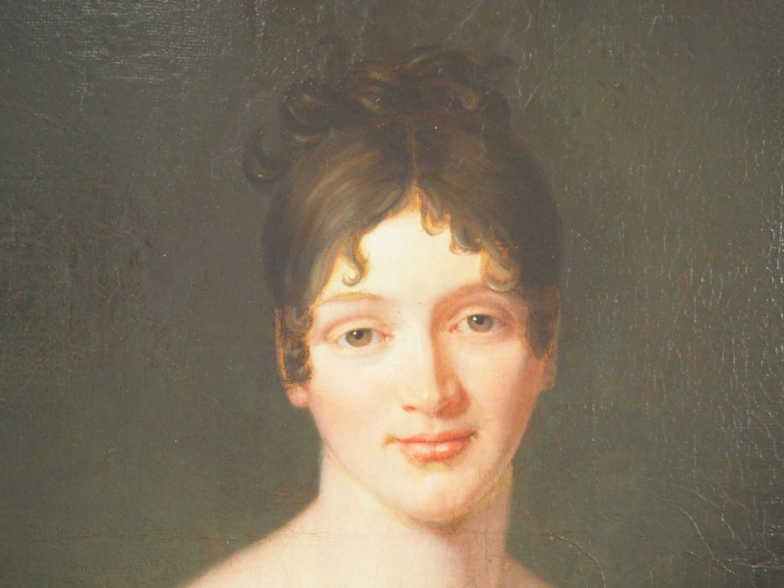 Ecole française début XIXème "Portrait d'élégante à la robe parme". Hu