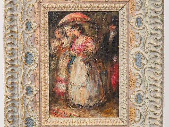 Ecole française vers 1900 "Elégantes à l'ombrelle" Huile sur panneau d