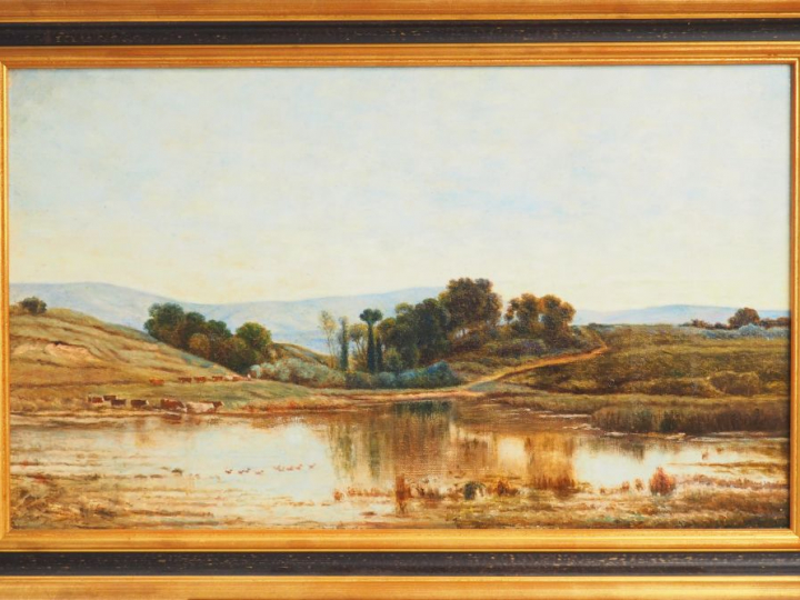 Ecole francaise début Xxème "Paysage lacustre au troupeau". Huile sur 