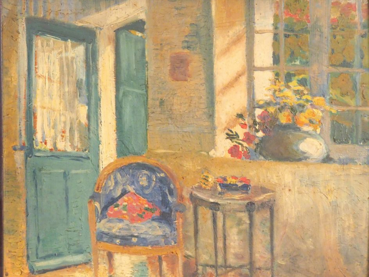 Ecole française Xxème "Intérieur" Huile sur panneau Dim. 32,5 x 41 cm