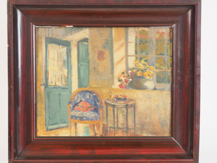 Ecole française Xxème "Intérieur" Huile sur panneau Dim. 32,5 x 41 cm
