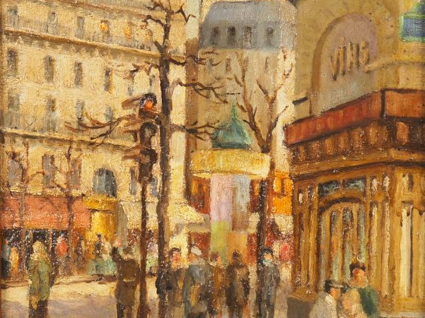 Ecole française XXème "Paris, la rue animée". Huile sur panneau  Dim. 