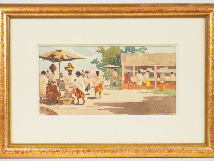 Ecole française vers 1930. 3 aquarelles "scènes de la vie quotidienne 