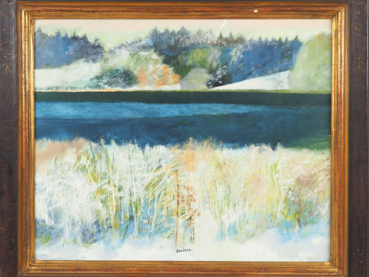 BARDONE "le Giure lac d'Antre-Jura" Huile sur toile signée en bas Dim.