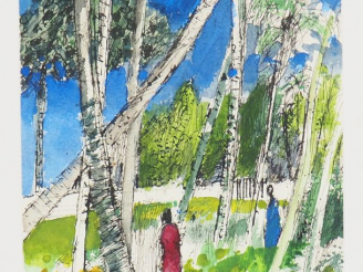 Vente aux enchères BARDONE "Femme dans la clairière à Ceylan" Aquarelle signée en bas à g